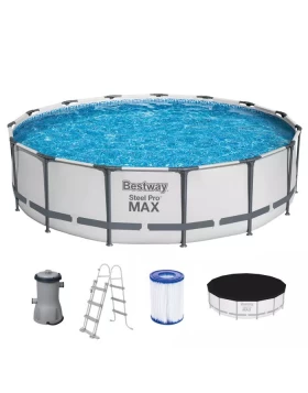 Power Steel Pro Max POOL SET BESTWAY Στρογγυλή Πισίνα PVC με Μεταλλικό Σκελετό, Αντλία Φίλτρου, Σκάλα & Κάλυμμα, Φ4.57 x 1.07 m, 56488