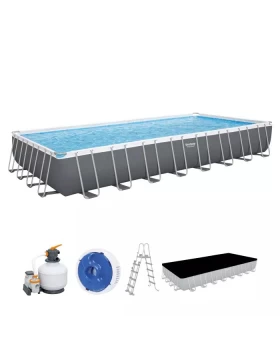 Power Steel POOL SET BESTWAY Ορθογώνια Πισίνα PVC με Μεταλλικό Σκελετό, Αντλία Φίλτρου, Σκάλα & Κάλυμμα, 9.56x4.88x1.32 m, 56623