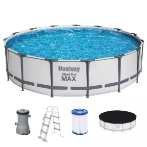 Power Steel Pro Max POOL SET BESTWAY Στρογγυλή Πισίνα PVC με Μεταλλικό Σκελετό, Αντλία Φίλτρου, Σκάλα & Κάλυμμα, Φ4.57 x 1.07 m, 56488