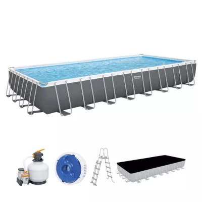 Power Steel POOL SET BESTWAY Ορθογώνια Πισίνα PVC με Μεταλλικό Σκελετό, Αντλία Φίλτρου, Σκάλα & Κάλυμμα, 9.56x4.88x1.32 m, 56623